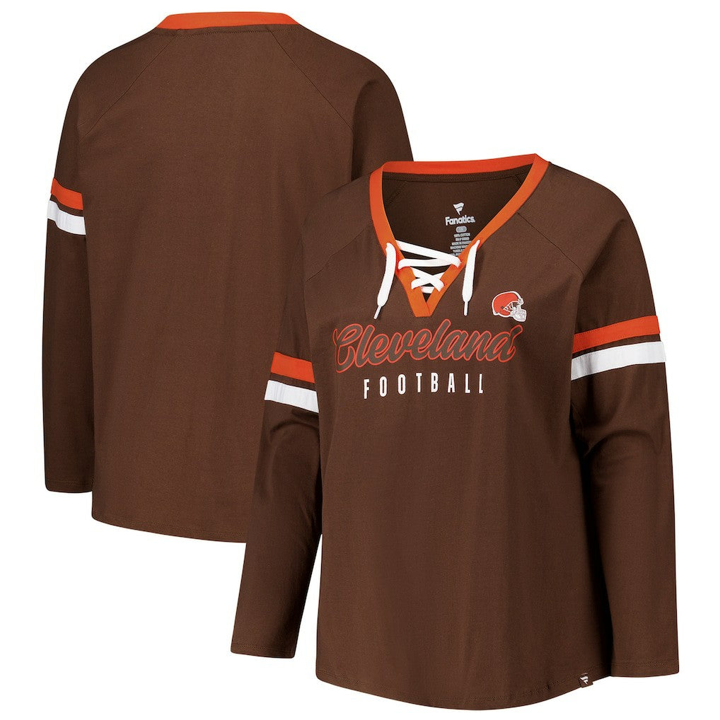 Women's Plus Size Won & Done Lace-Up V-Neck Long Sleeve T-Shirt - Cleveland Browns