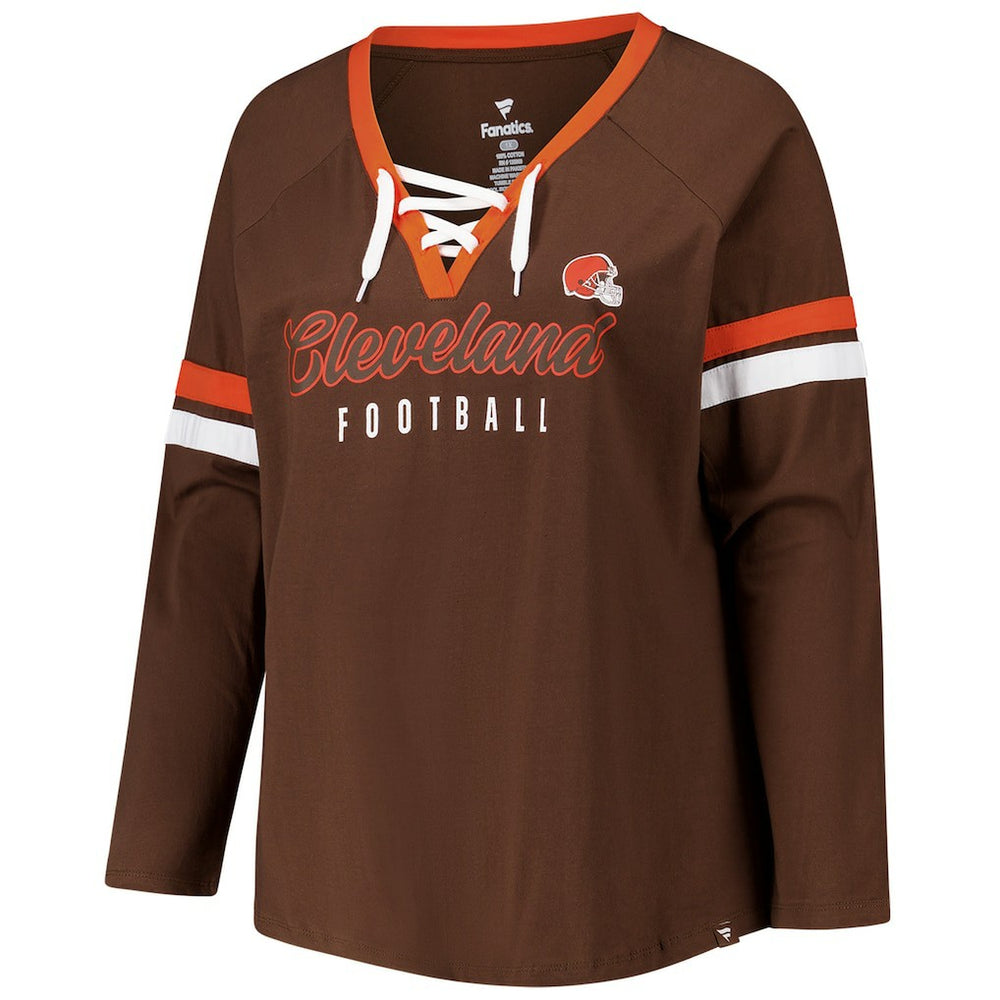 Women's Plus Size Won & Done Lace-Up V-Neck Long Sleeve T-Shirt - Cleveland Browns