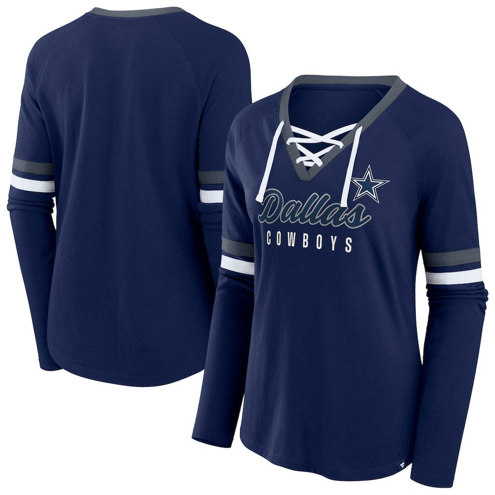 Women's Plus Size Won & Done Lace-Up V-Neck Long Sleeve T-Shirt - Dallas Cowboys
