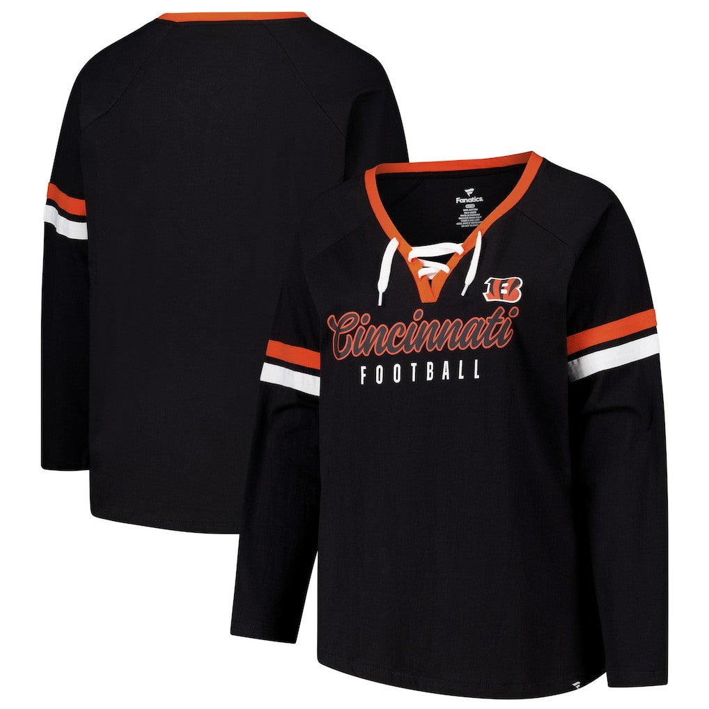Women's Plus Size Won & Done Lace-Up V-Neck Long Sleeve T-Shirt - Cincinnati Bengals