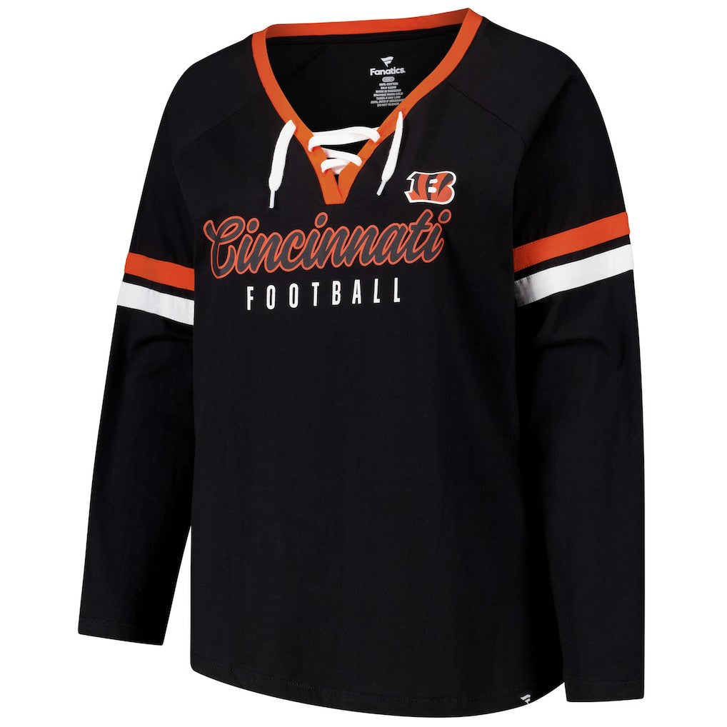 Women's Plus Size Won & Done Lace-Up V-Neck Long Sleeve T-Shirt - Cincinnati Bengals