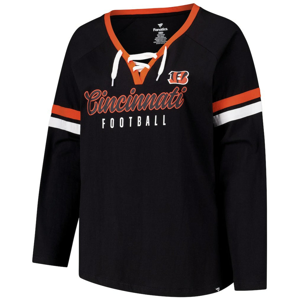 Women's Plus Size Won & Done Lace-Up V-Neck Long Sleeve T-Shirt - Cincinnati Bengals