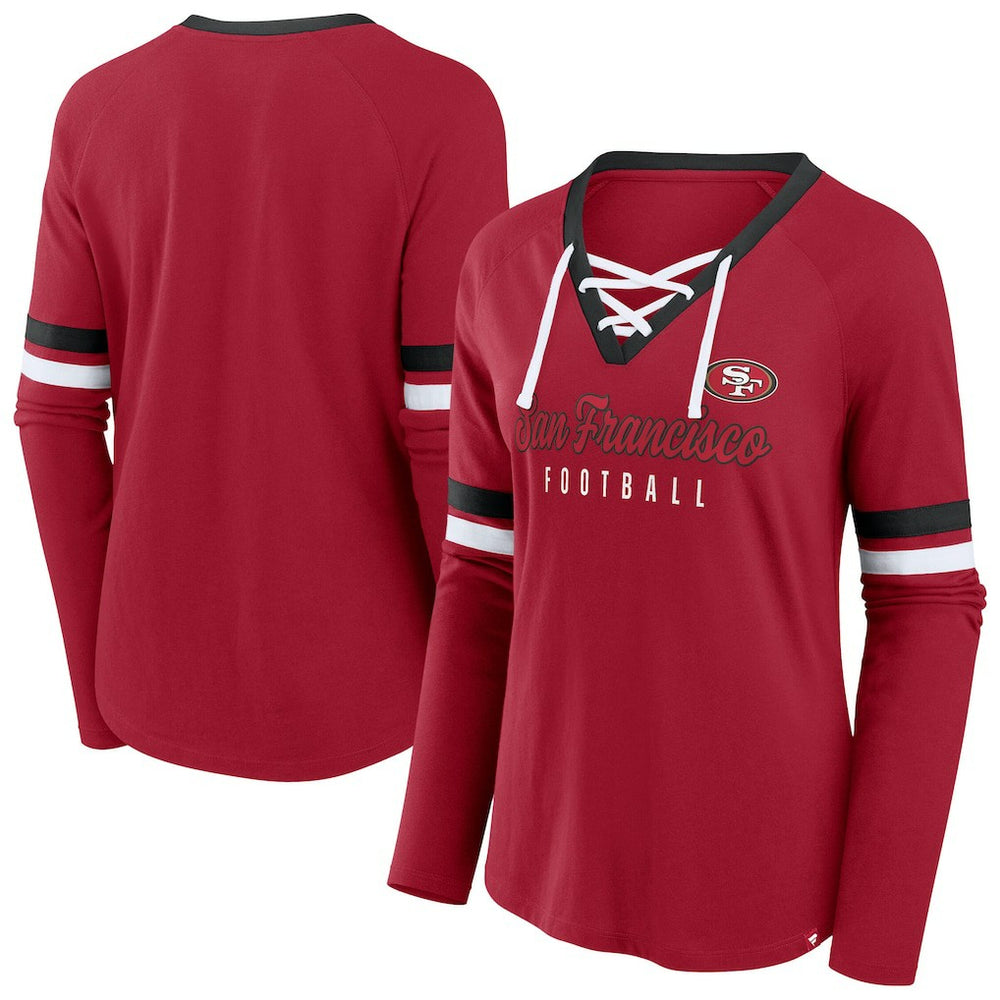 Women's Plus Size Won & Done Lace-Up V-Neck Long Sleeve T-Shirt - San Francisco 49ers