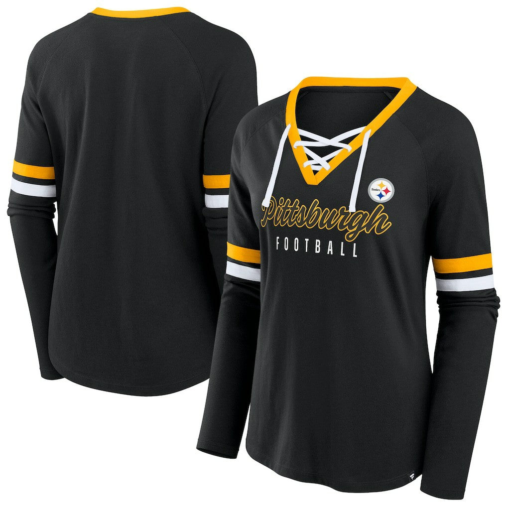 Women's Plus Size Won & Done Lace-Up V-Neck Long Sleeve T-Shirt - Pittsburgh Steelers