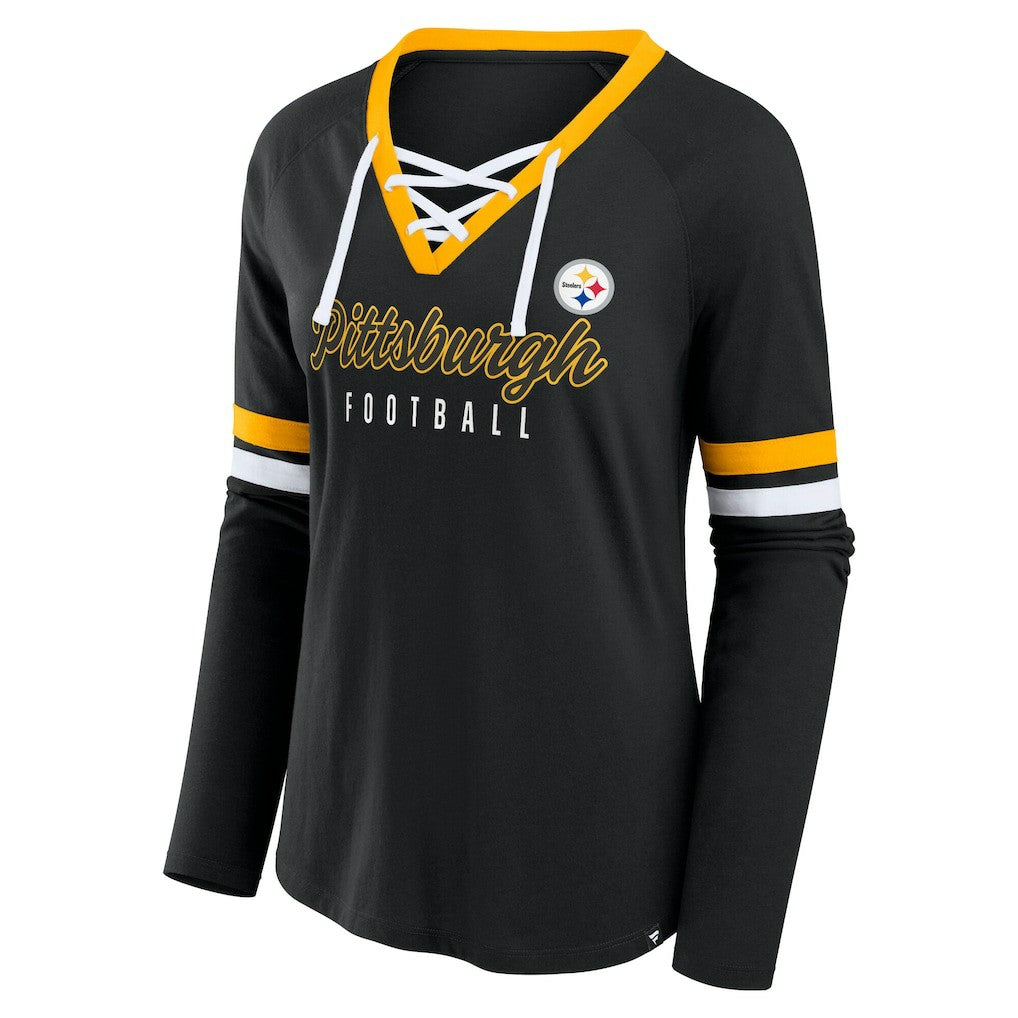 Women's Plus Size Won & Done Lace-Up V-Neck Long Sleeve T-Shirt - Pittsburgh Steelers