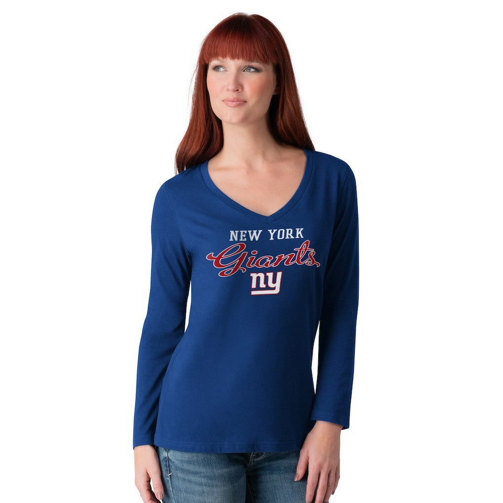 G-III 4Her by Carl Banks Women's Post Season Long Sleeve V-Neck T-Shirt - New York Giants