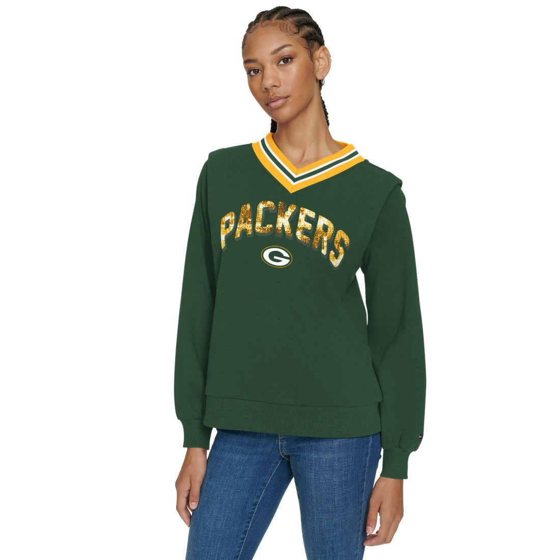Tommy Hilfiger Women's Alice V-Neck Pullover Sweatshirt - Green Bay Packers