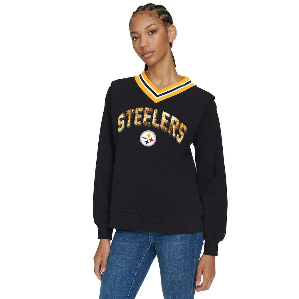 Tommy Hilfiger Women's Alice V-Neck Pullover Sweatshirt - Pittsburgh Steelers
