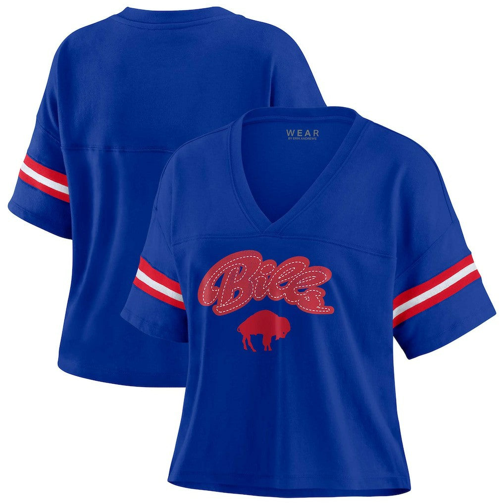 WEAR by Erin Andrews Women's Plus Size Color Block Boxy V-Neck T-Shirt - Buffalo Bills