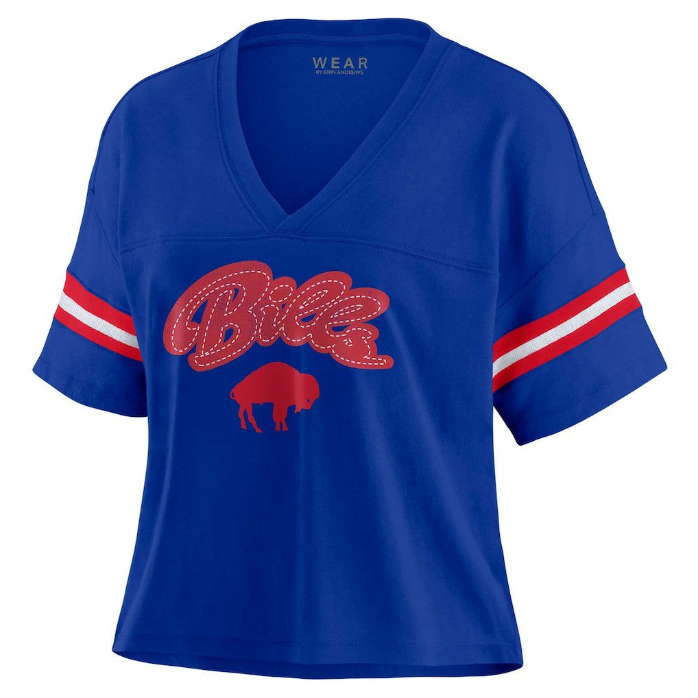 WEAR by Erin Andrews Women's Plus Size Color Block Boxy V-Neck T-Shirt - Buffalo Bills
