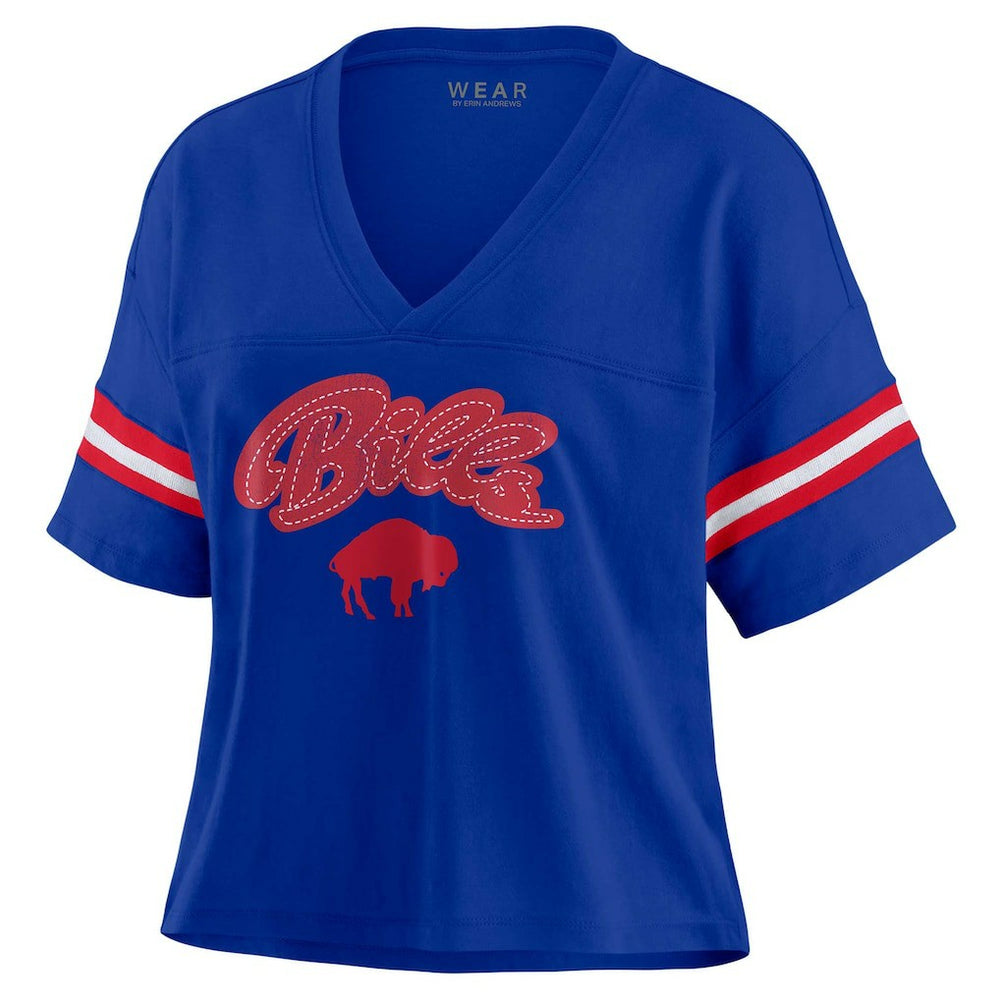 WEAR by Erin Andrews Women's Plus Size Color Block Boxy V-Neck T-Shirt - Buffalo Bills