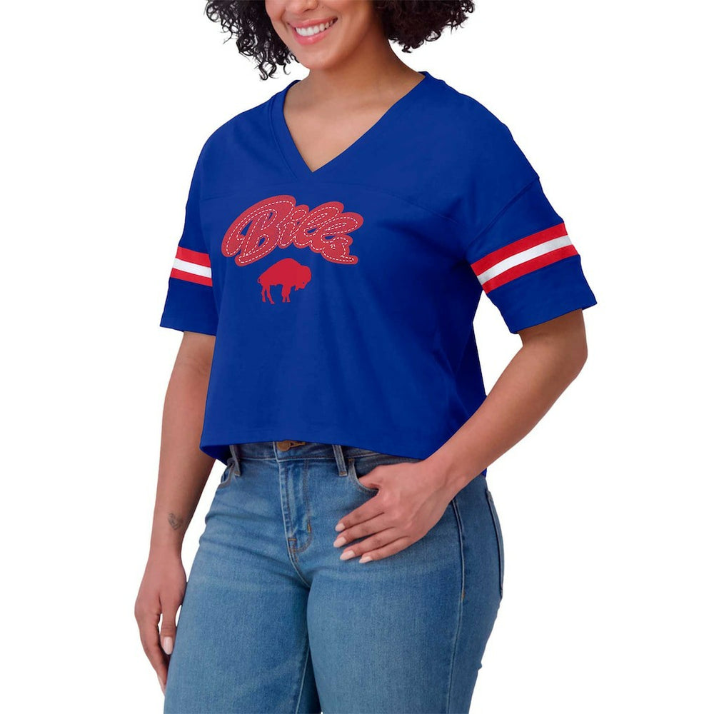 WEAR by Erin Andrews Women's Plus Size Color Block Boxy V-Neck T-Shirt - Buffalo Bills