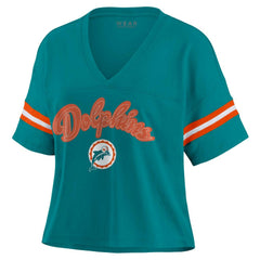 WEAR by Erin Andrews Women's Plus Size Color Block Boxy V-Neck T-Shirt - Miami Dolphins