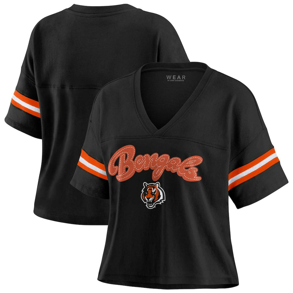 WEAR by Erin Andrews Women's Plus Size Color Block Boxy V-Neck T-Shirt - Cincinnati Bengals