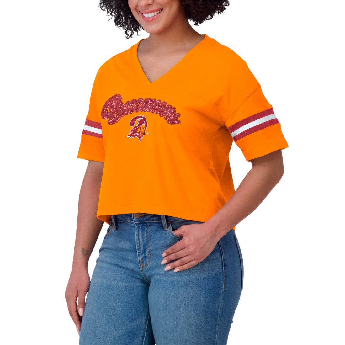 WEAR by Erin Andrews Women's Plus Size Color Block Boxy V-Neck T-Shirt - Tampa Bay Buccaneers