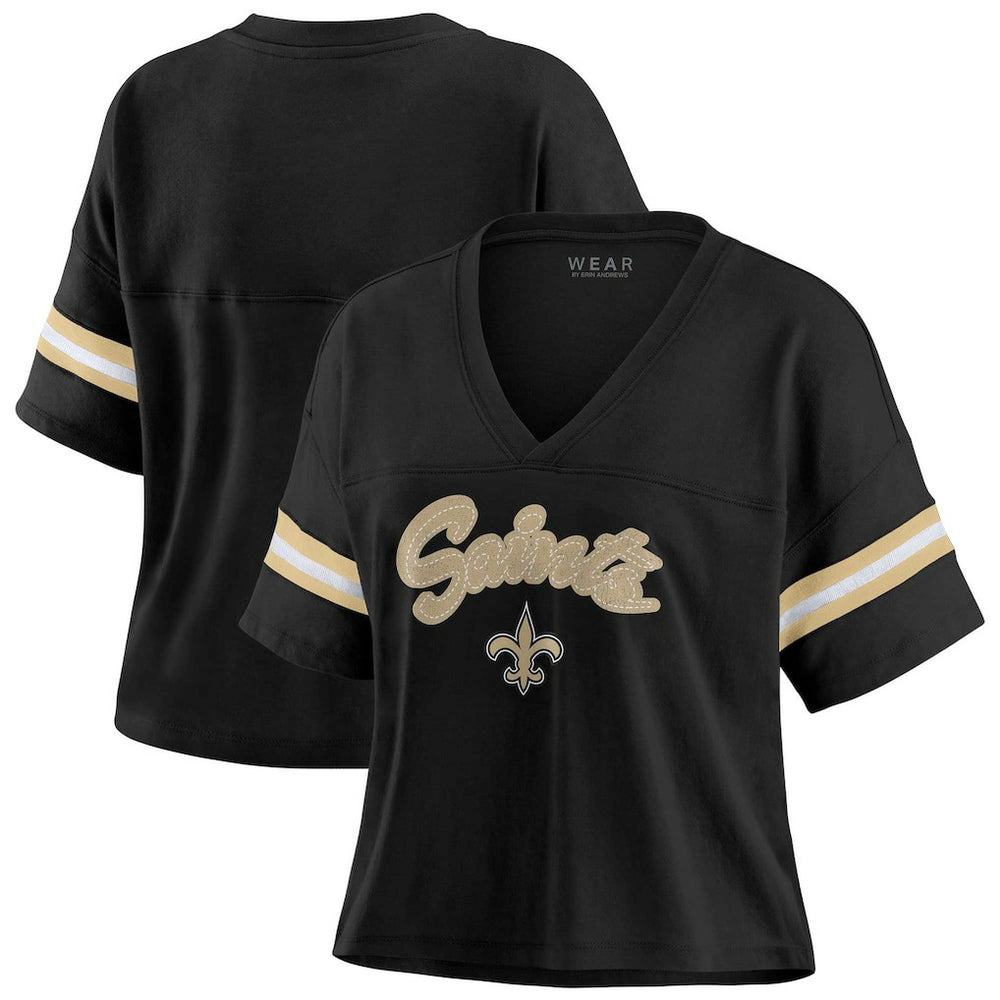 WEAR by Erin Andrews Women's Plus Size Color Block Boxy V-Neck T-Shirt - New Orleans Saints