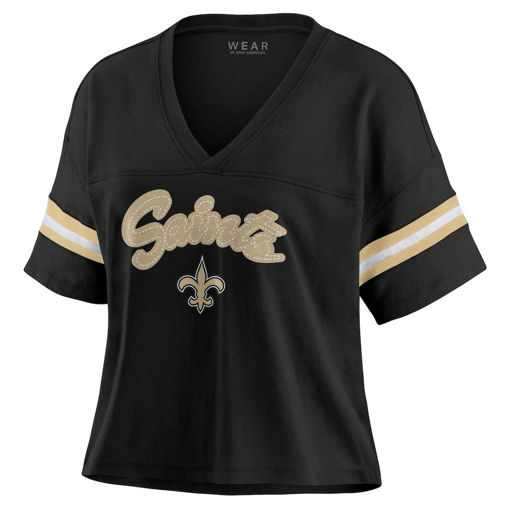 WEAR by Erin Andrews Women's Plus Size Color Block Boxy V-Neck T-Shirt - New Orleans Saints