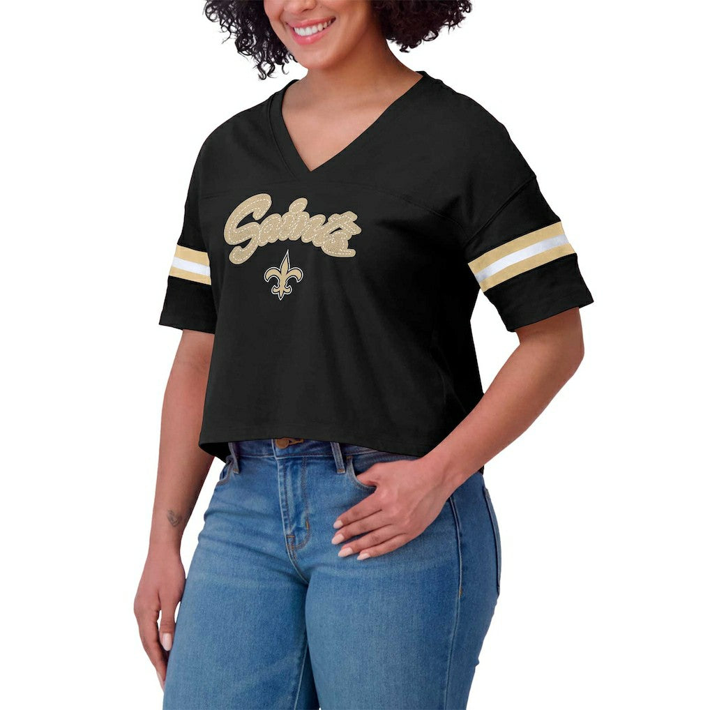 WEAR by Erin Andrews Women's Plus Size Color Block Boxy V-Neck T-Shirt - New Orleans Saints