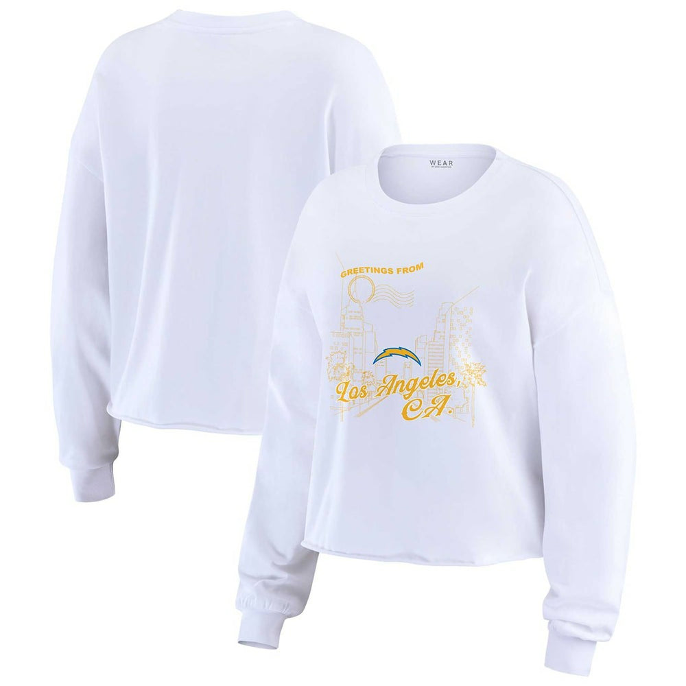 WEAR by Erin Andrews Women's Postcard Cropped Long Sleeve Top - Los Angeles Chargers