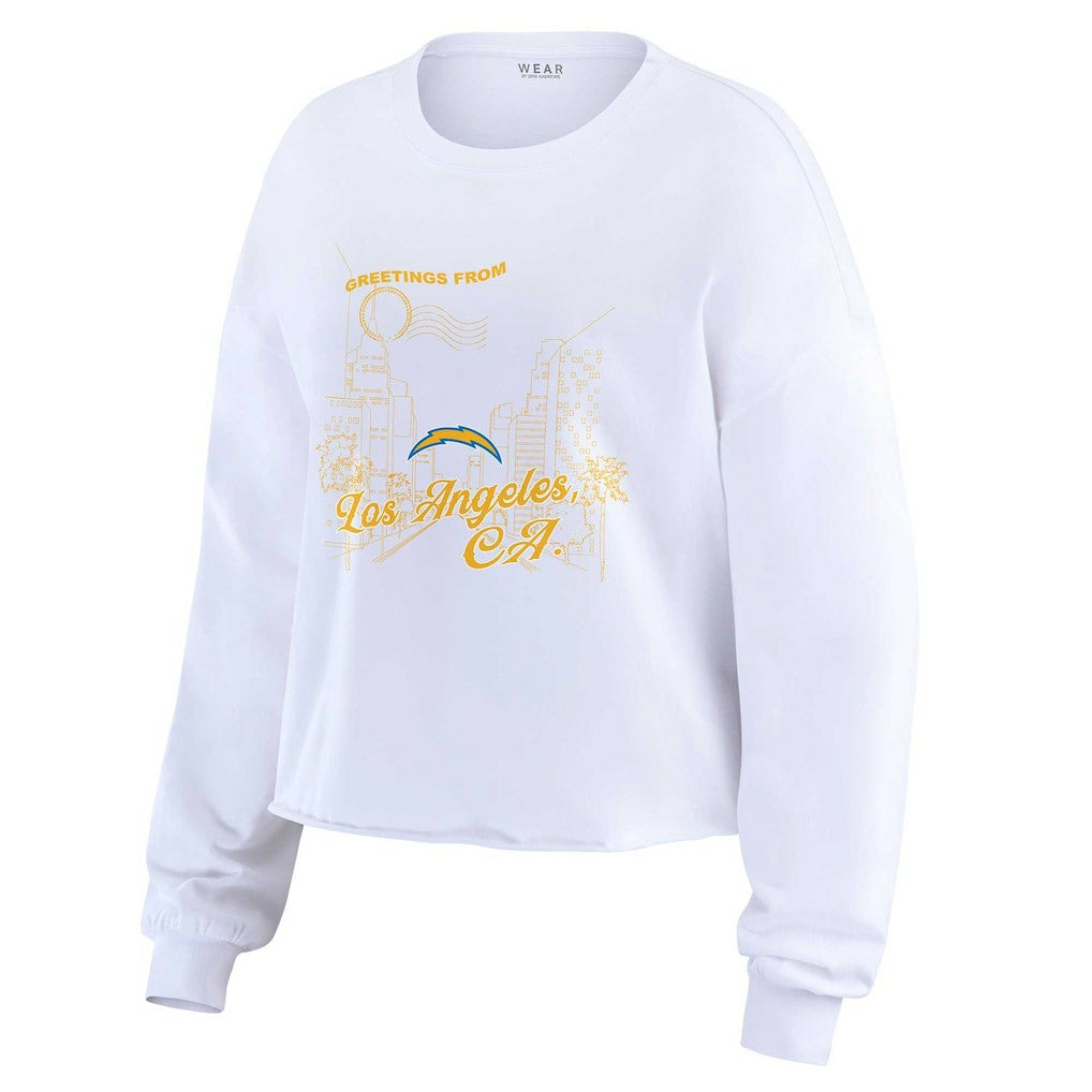WEAR by Erin Andrews Women's Postcard Cropped Long Sleeve Top - Los Angeles Chargers