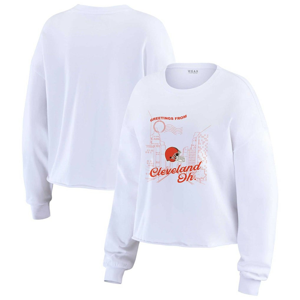 WEAR by Erin Andrews Women's Postcard Cropped Long Sleeve Top - Cleveland Browns