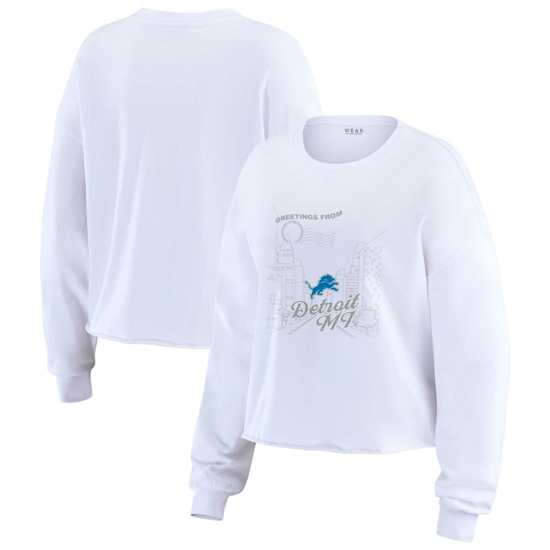 WEAR by Erin Andrews Women's Postcard Cropped Long Sleeve Top - Detroit Lions
