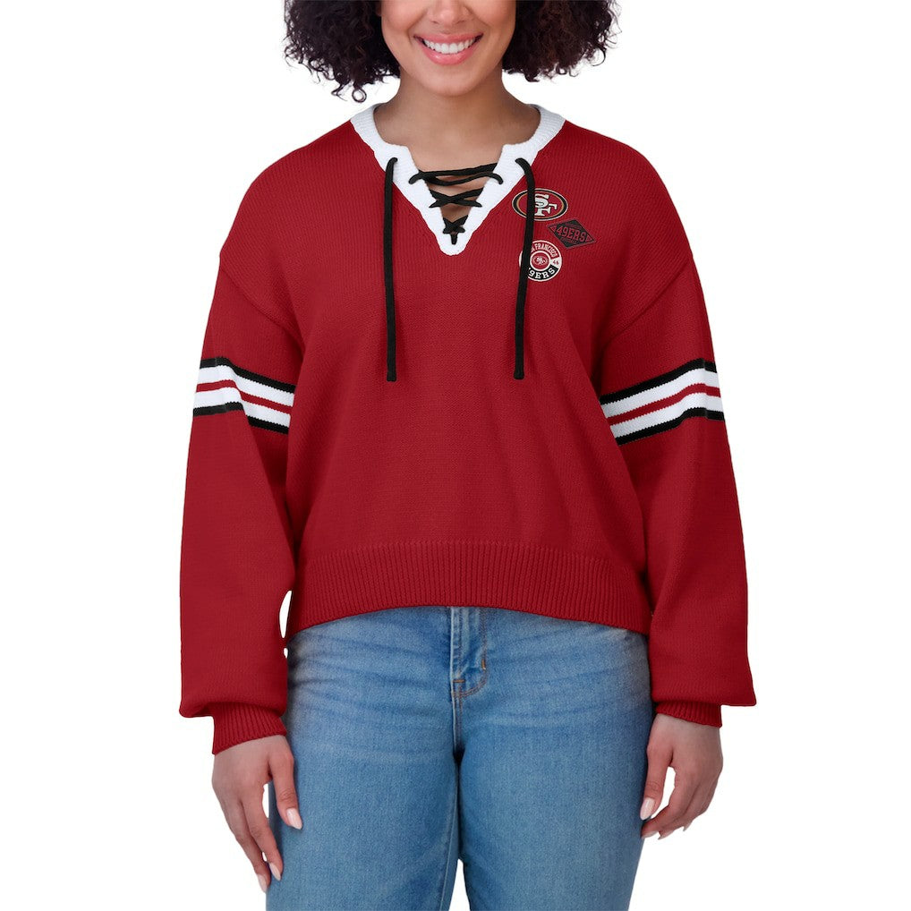 WEAR by Erin Andrews Women's Lace-Up Sweater - San Francisco 49ers