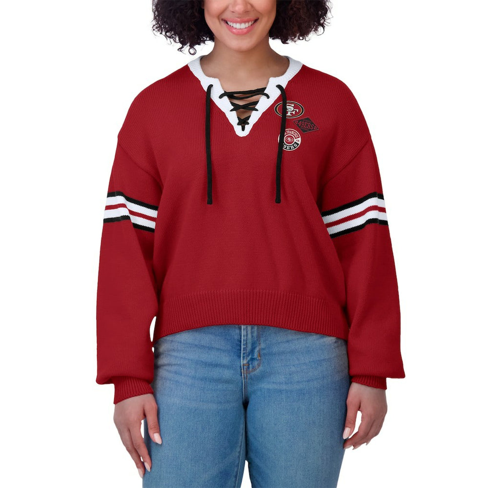 WEAR by Erin Andrews Women's Lace-Up Sweater - San Francisco 49ers