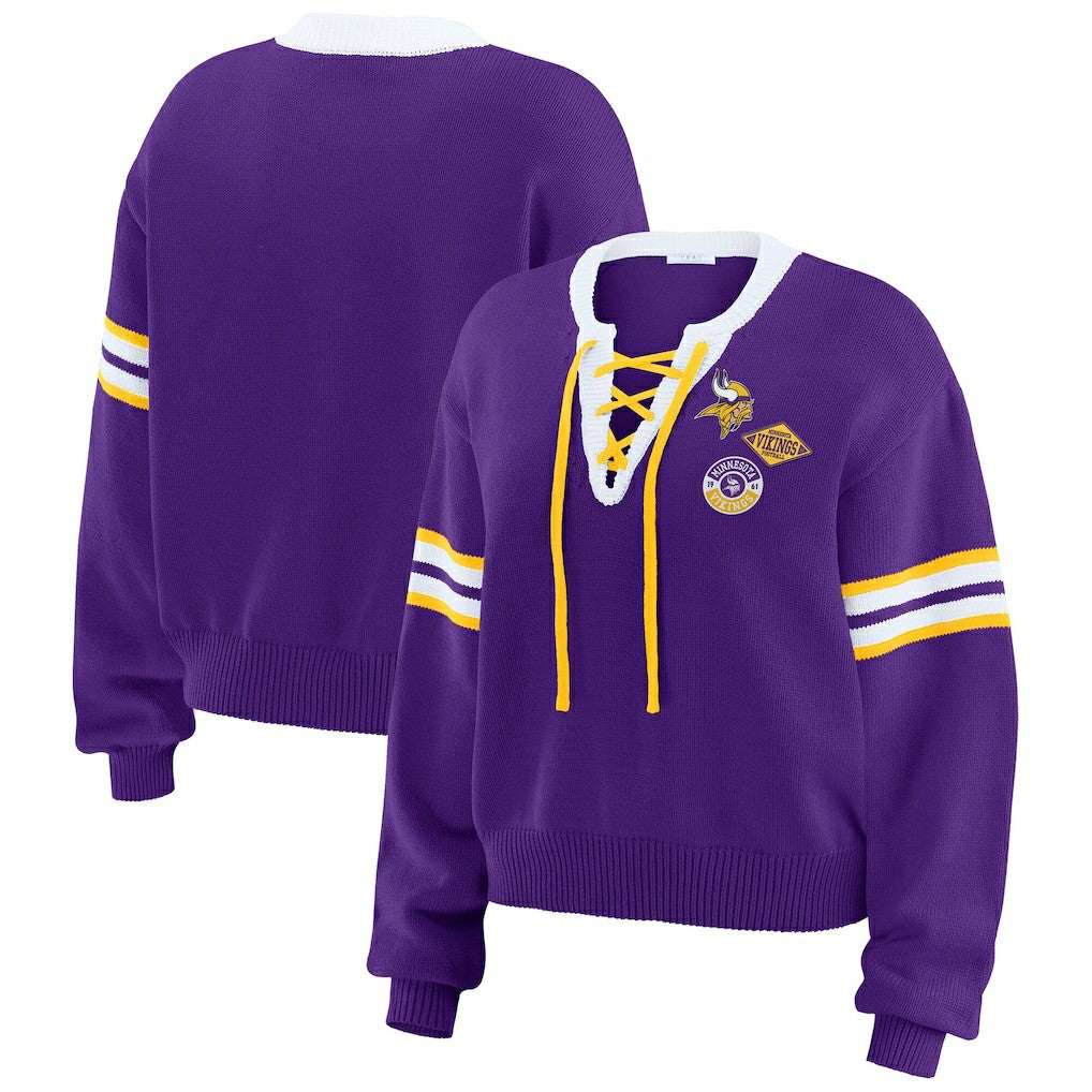 WEAR by Erin Andrews Women's Lace-Up Sweater - Minnesota Vikings