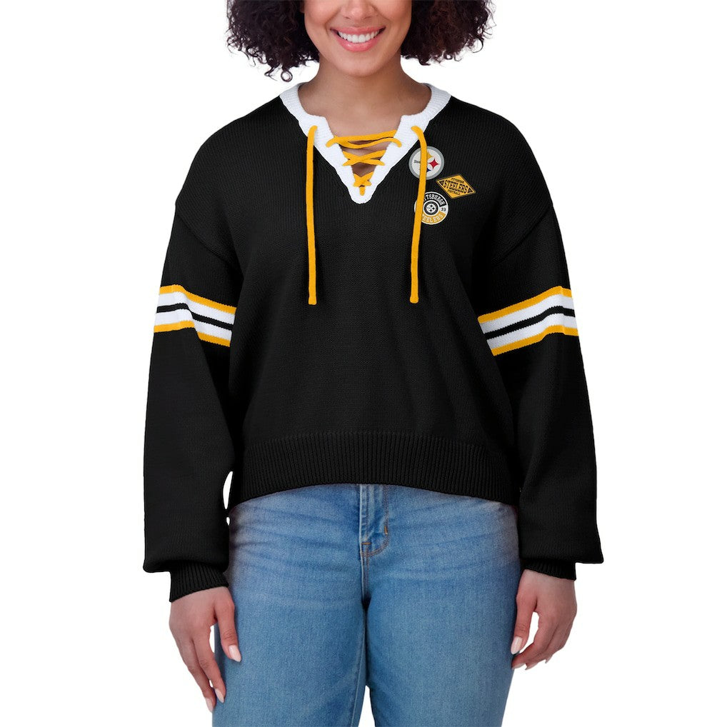 WEAR by Erin Andrews Women's Lace-Up Sweater - Pittsburgh Steelers