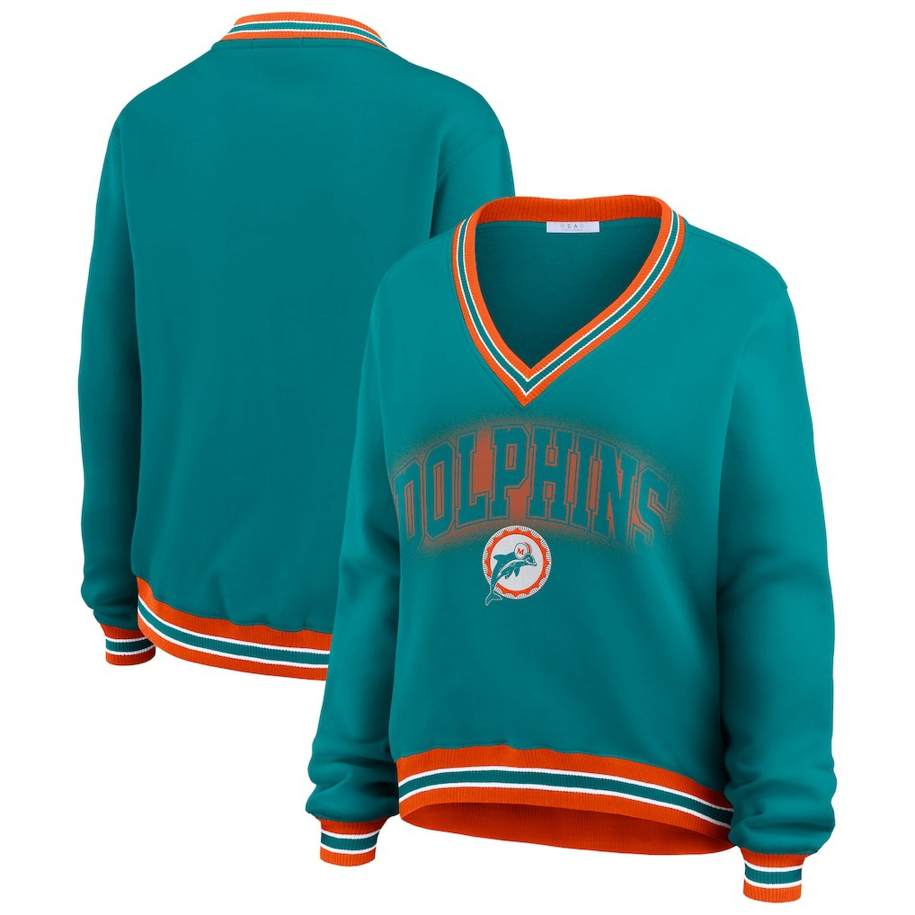 WEAR by Erin Andrews Women's Oversized Long Sleeve V-Neck Sweatshirt - Miami Dolphins