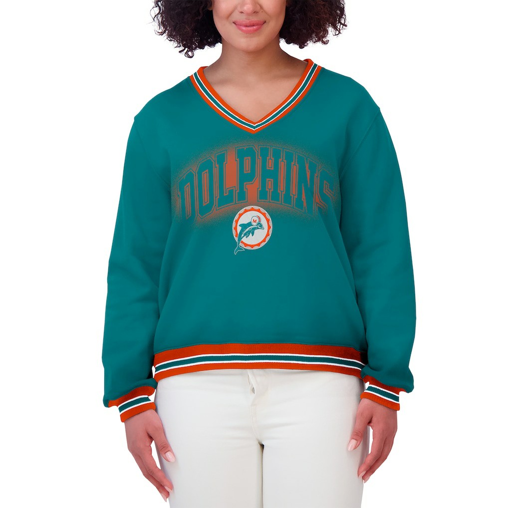 WEAR by Erin Andrews Women's Oversized Long Sleeve V-Neck Sweatshirt - Miami Dolphins