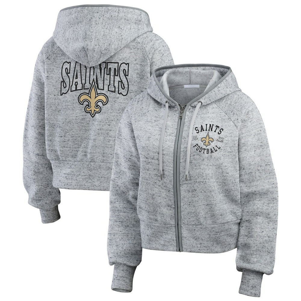 WEAR by Erin Andrews Women's Speckled Fleece Cropped Full-Zip Hoodie - New Orleans Saints