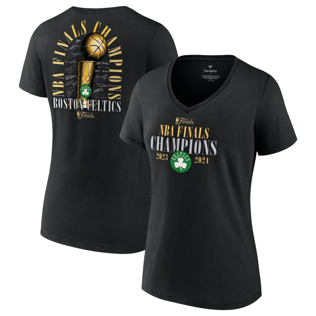 NBA Boston Celtics Women's 2024 NBA Finals Champions Fade Away Jumper Roster Signature V-Neck T-Shirt