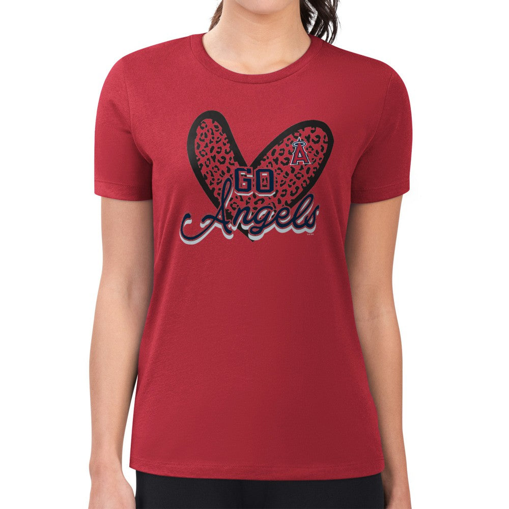 MLB Los Angeles Angels G-III 4Her by Carl Banks Women's Super-Slim Fit Lightweight Leopard Heart T-Shirt