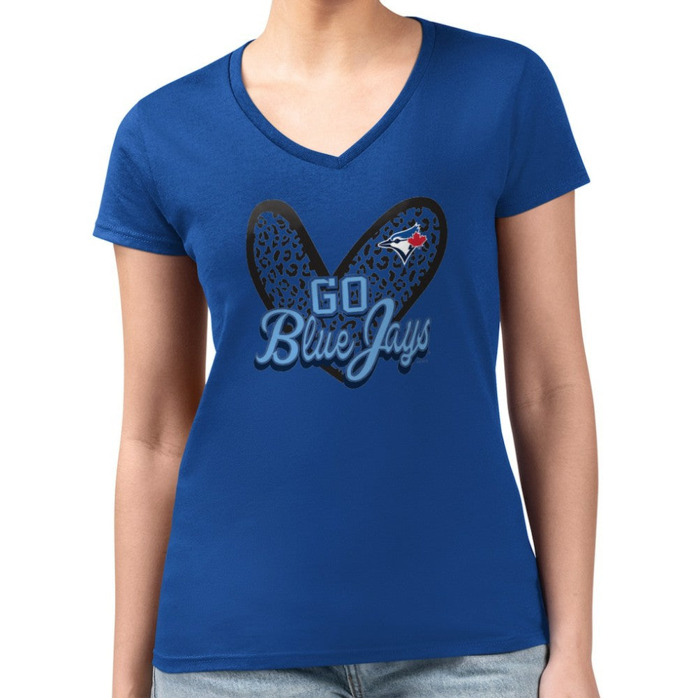 MLB Toronto Blue Jays G-III 4Her by Carl Banks Women's Super-Slim Fit Lightweight Leopard Heart V-Neck T-Shirt
