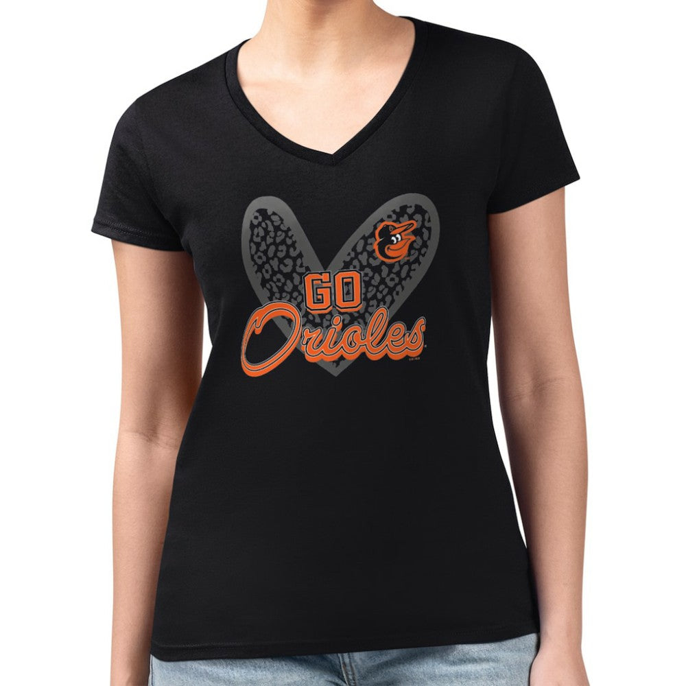 MLB Baltimore Orioles G-III 4Her by Carl Banks Women's Super-Slim Fit Lightweight Leopard Heart V-Neck T-Shirt