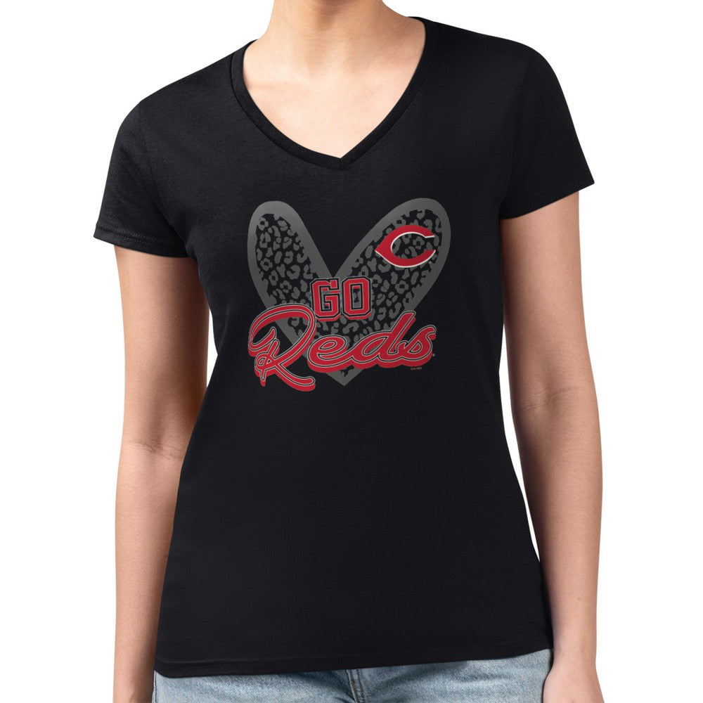 MLB Cincinnati Reds G-III 4Her by Carl Banks Women's Super-Slim Fit Lightweight Leopard Heart V-Neck T-Shirt