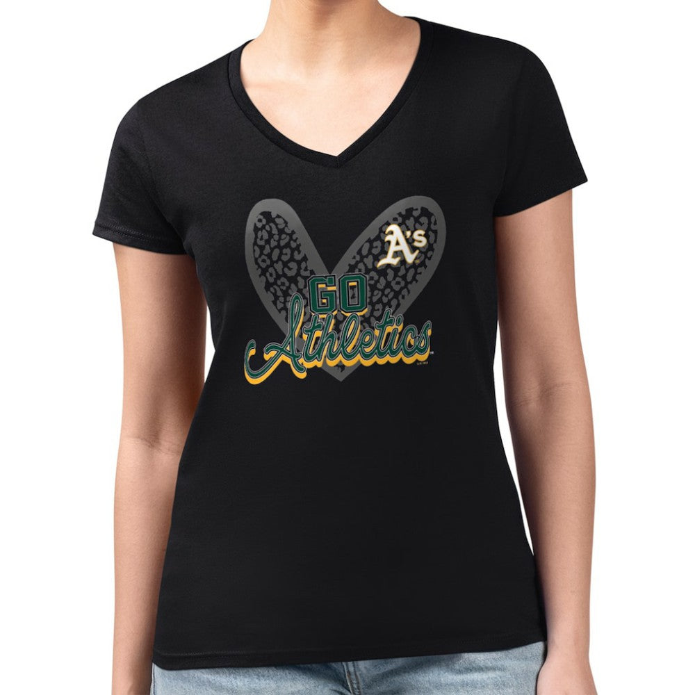 MLB Athletics G-III 4Her by Carl Banks Women's Super-Slim Fit Lightweight Leopard Heart V-Neck T-Shirt