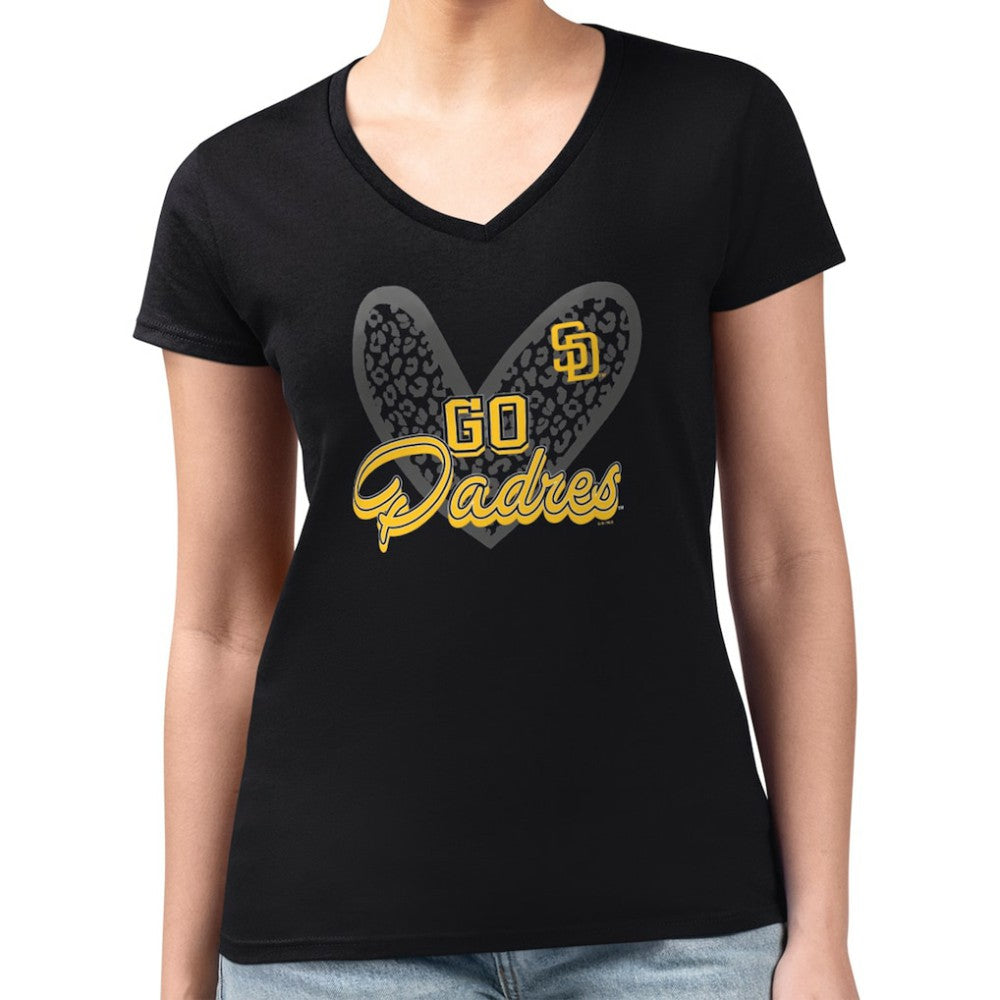 MLB San Diego Padres G-III 4Her by Carl Banks Women's Super-Slim Fit Lightweight Leopard Heart V-Neck T-Shirt