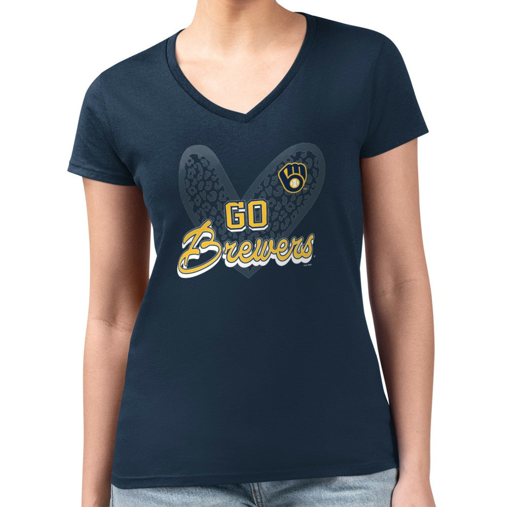 MLB Milwaukee Brewers G-III 4Her by Carl Banks Women's Super-Slim Fit Lightweight Leopard Heart V-Neck T-Shirt