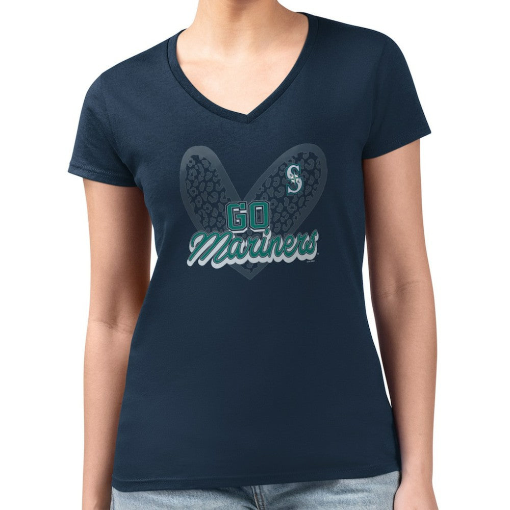 MLB Seattle Mariners G-III 4Her by Carl Banks Women's Super-Slim Fit Lightweight Leopard Heart V-Neck T-Shirt