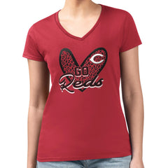 MLB Cincinnati Reds G-III 4Her by Carl Banks Women's Super-Slim Fit Lightweight Leopard Heart V-Neck T-Shirt