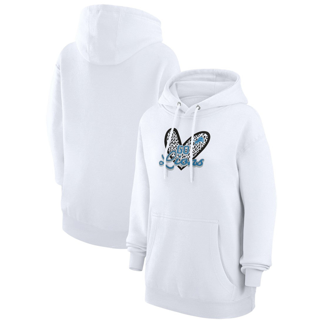 G-III 4Her by Carl Banks Women's Animal Print Heart Team Graphic Fleece Tri-Blend Pullover Hoodie - Detroit Lions