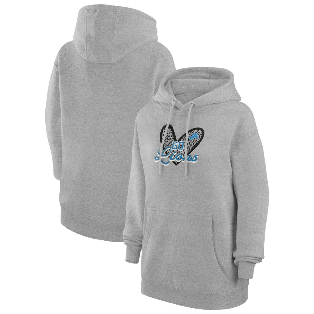 G-III 4Her by Carl Banks Women's Animal Print Heart Team Graphic Fleece Tri-Blend Pullover Hoodie - Detroit Lions