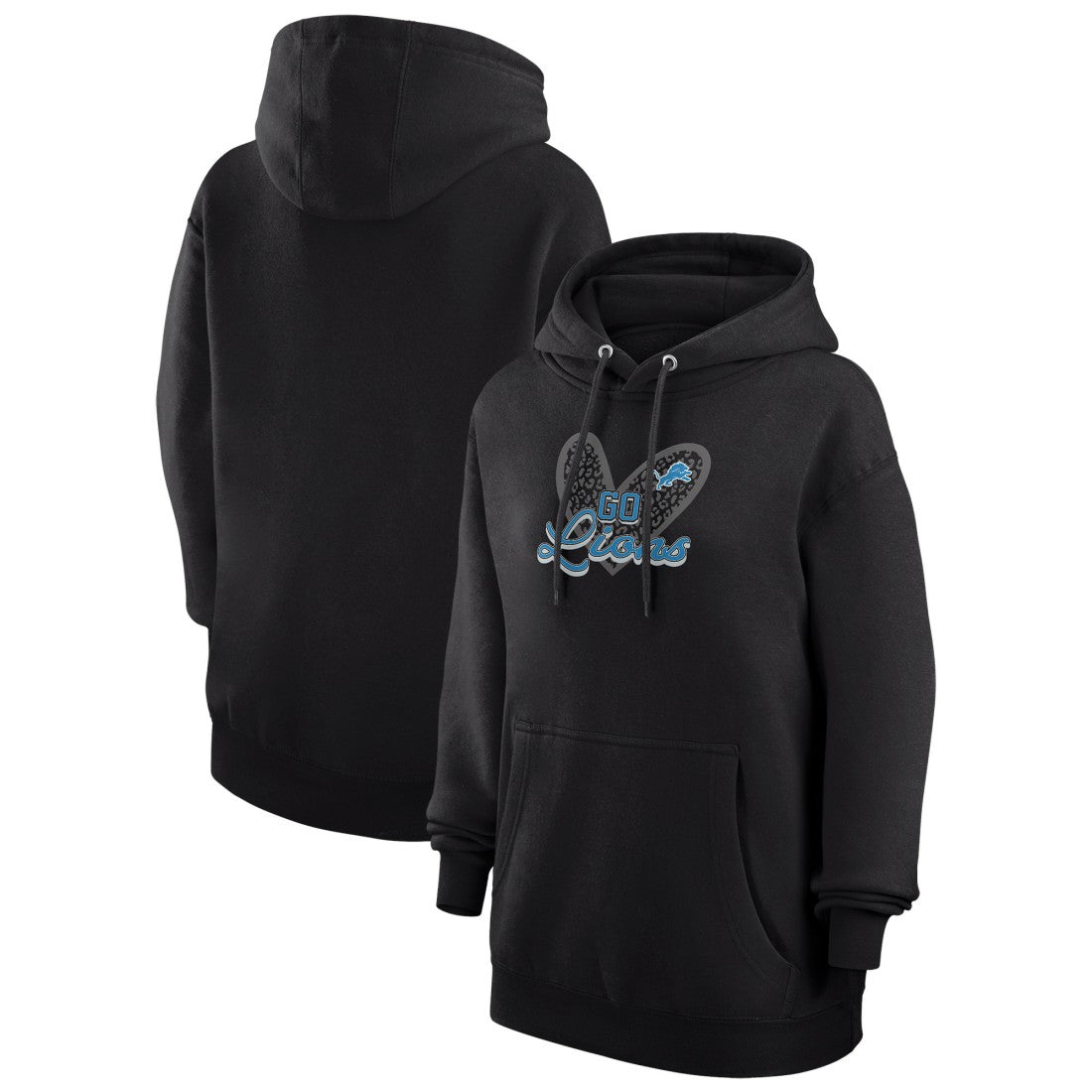 G-III 4Her by Carl Banks Women's Animal Print Heart Team Graphic Fleece Tri-Blend Pullover Hoodie - Detroit Lions