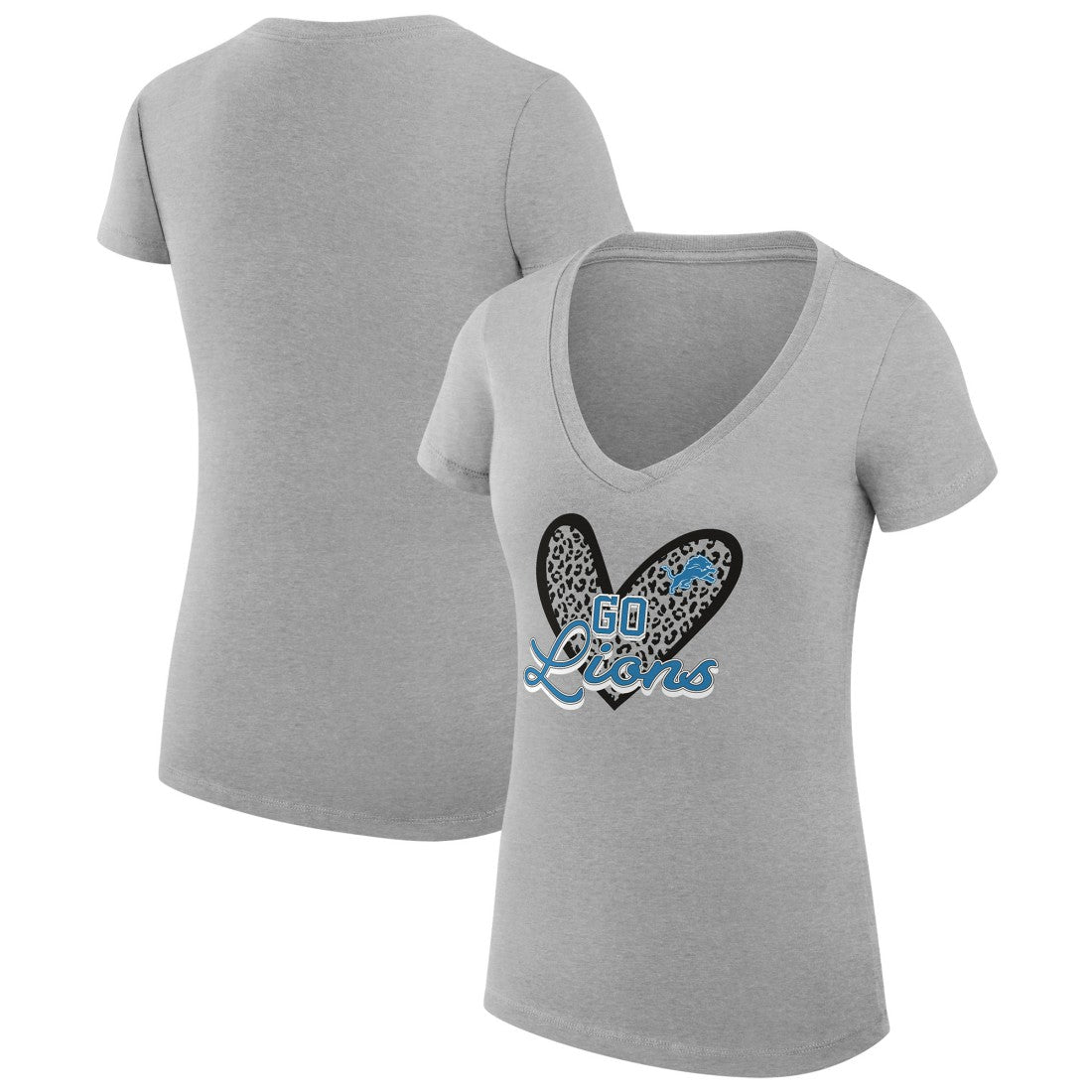 G-III 4Her by Carl Banks Women's Super-Slim Fit Lightweight Leopard Heart V-Neck T-Shirt - Detroit Lions