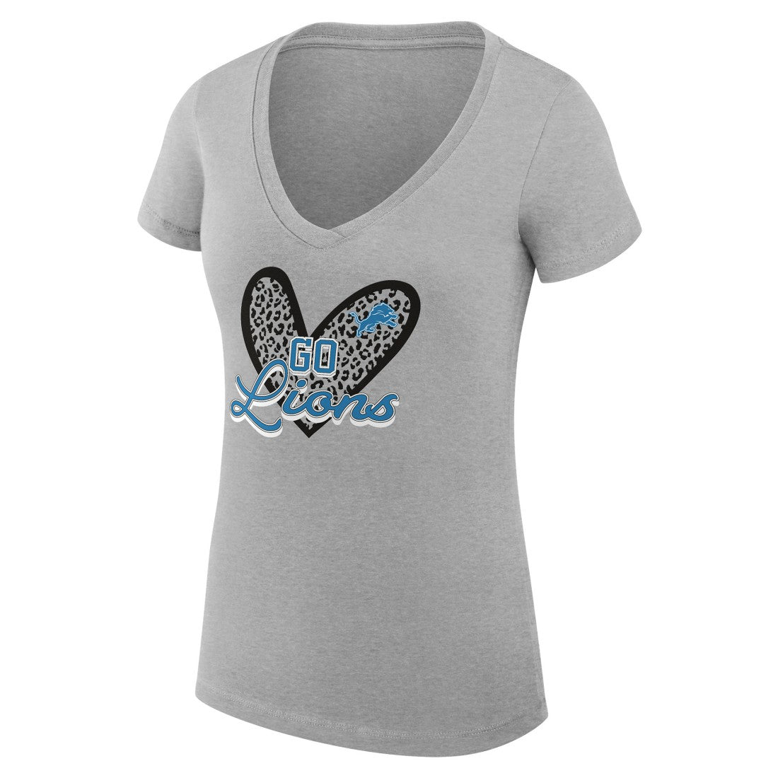 G-III 4Her by Carl Banks Women's Super-Slim Fit Lightweight Leopard Heart V-Neck T-Shirt - Detroit Lions