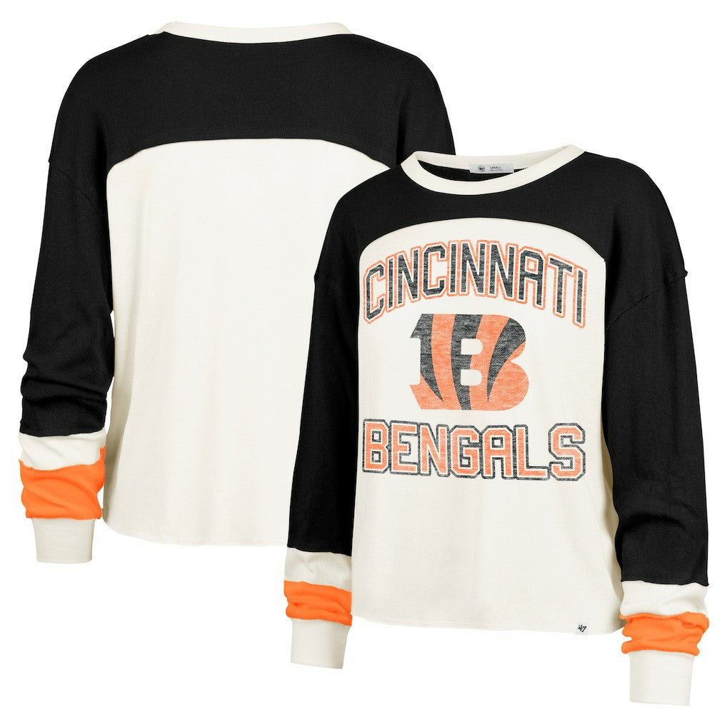 '47 Women's Double Header Curve Raglan Long Sleeve Crop Top - Cincinnati Bengals