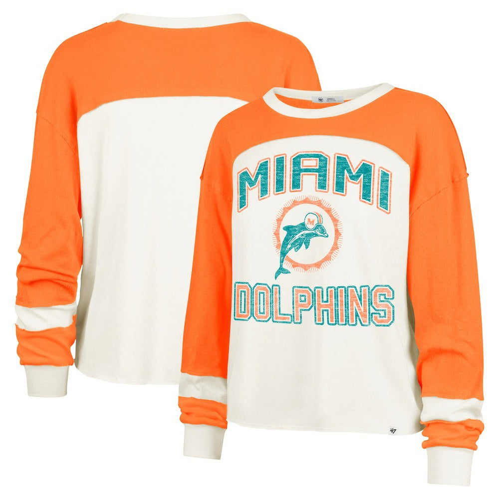 '47 Women's Double Header Curve Raglan Long Sleeve Crop Top - Miami Dolphins